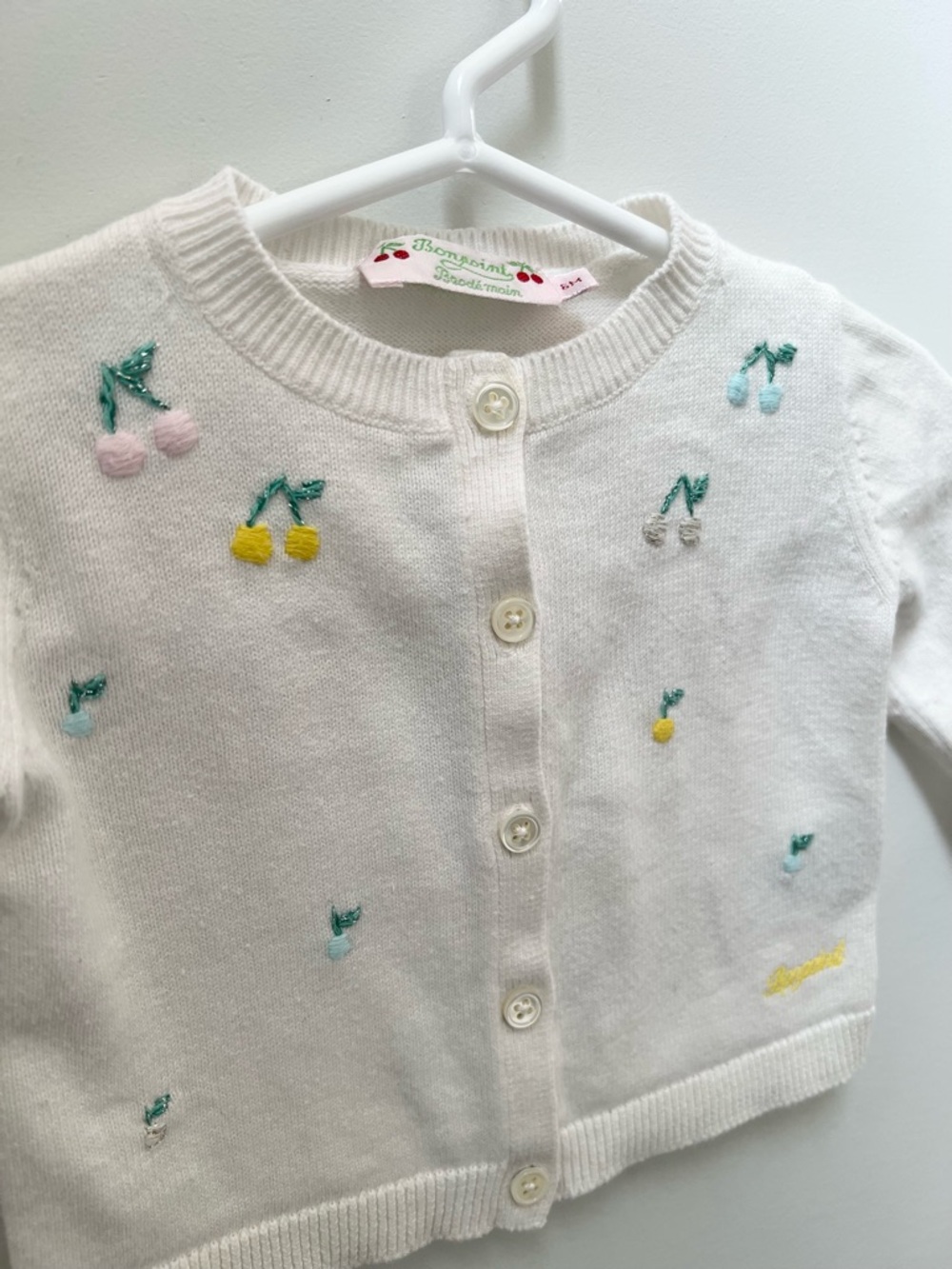 Bonpoint Cream Cardigan with Multicolored Cherry Embroidery - Picture 4 of 9